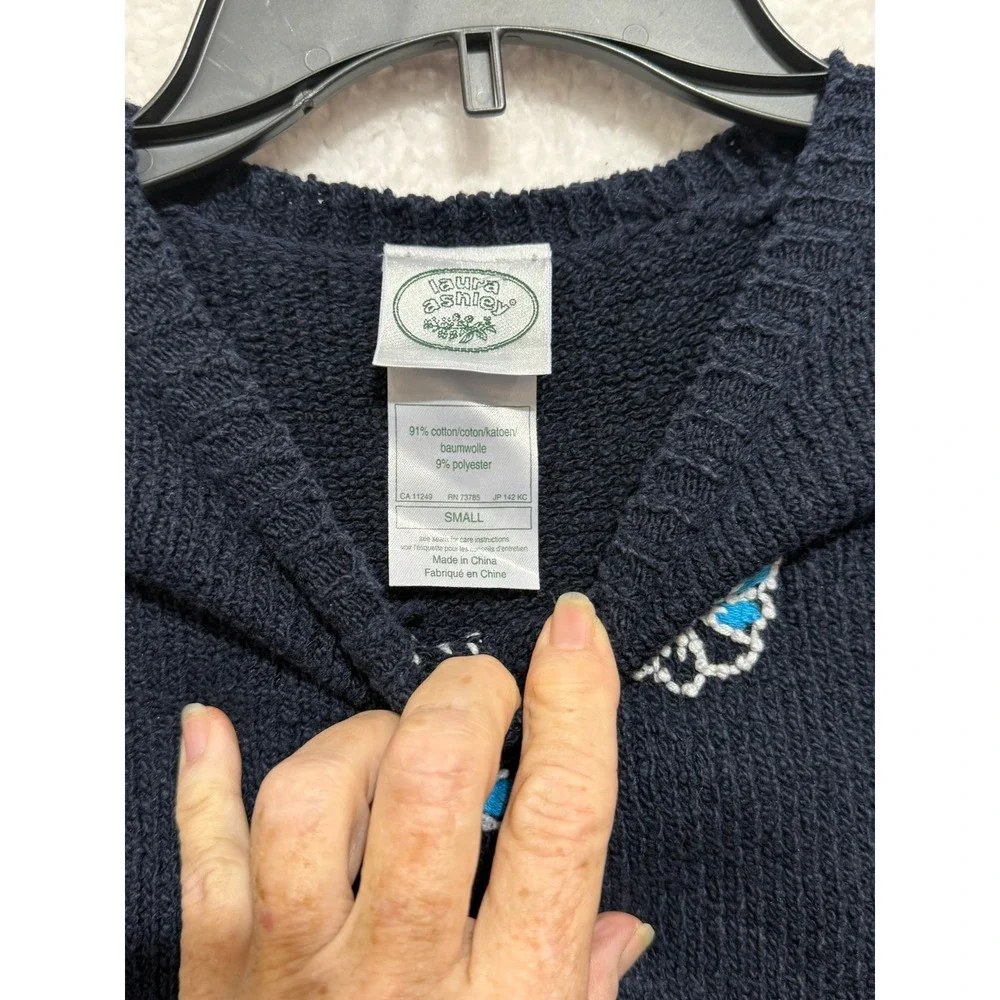 Laura Ashley Womens Floral Knit Sweater Navy Blue Cotton Blend Small‎